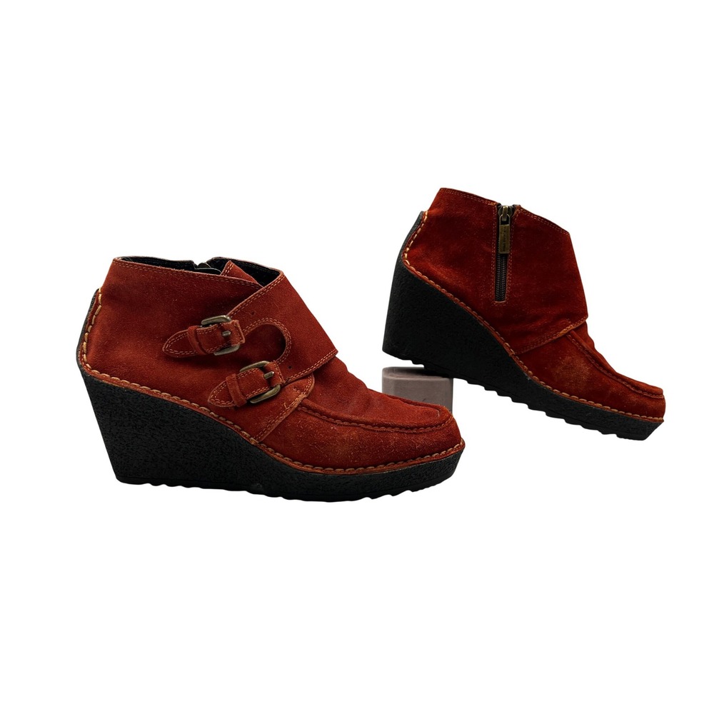 Pons Quintana Wedge Ankle Boots Womens 37 Red Excellent Suede Monk Strap Spain